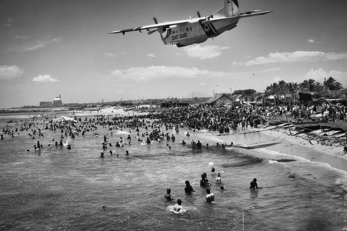 Coast guard aero plane was flown too low over the protesting villagers who ventured into the sea as a part of their Jal Sathyagraha.