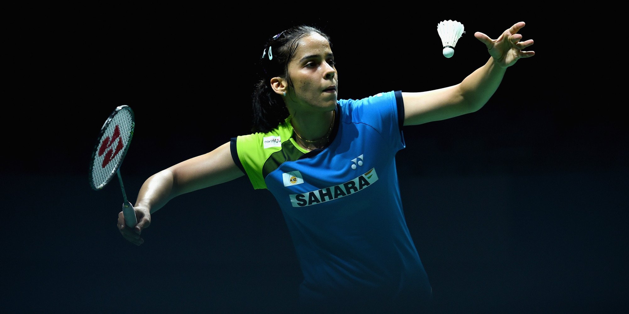 DUBAI, UNITED ARAB EMIRATES - DECEMBER 19: Saina Nehwal of India serves as she plays against Bae Yeon Ju of Korea in the Womens Singles during the BWF Destination Dubai World Superseries Finals day three at the Hamdan Sports Complex on December 19, 2014 in Dubai, United Arab Emirates. (Photo by Christopher Lee/Getty Images for Falcon)