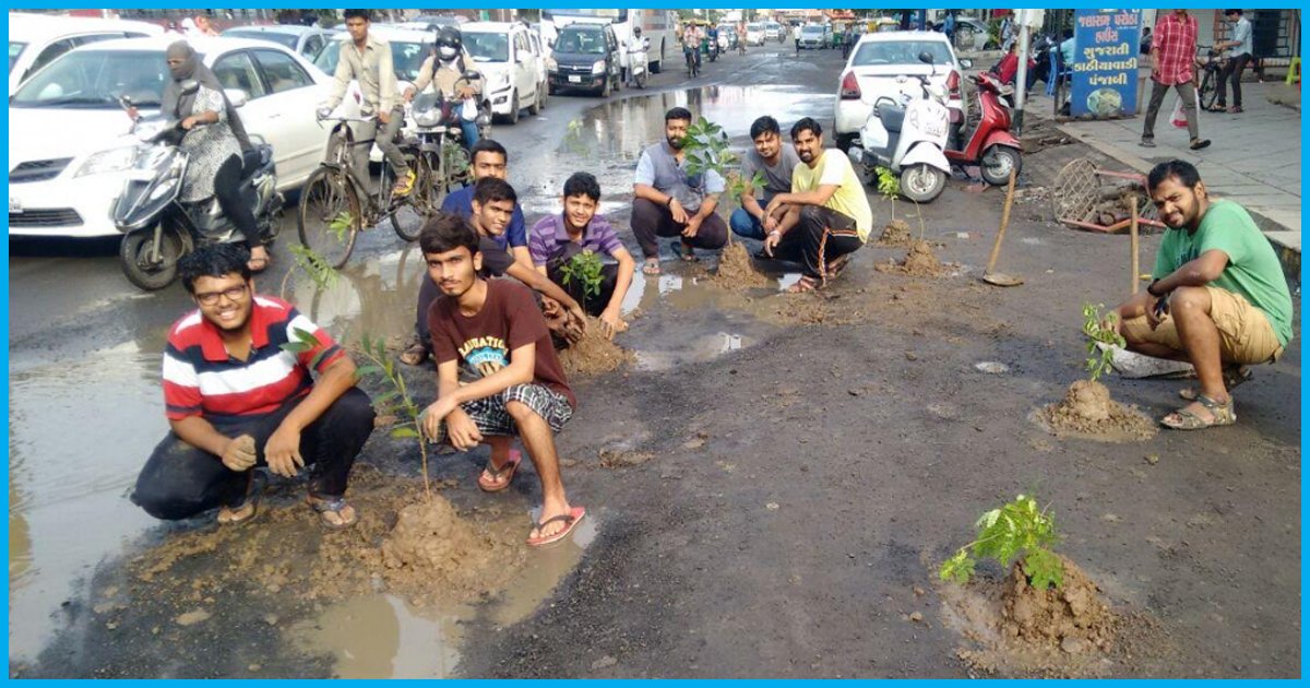 After Officials Ignored Complaints, This Group Began Covering Ahmedabads Potholes With Saplings