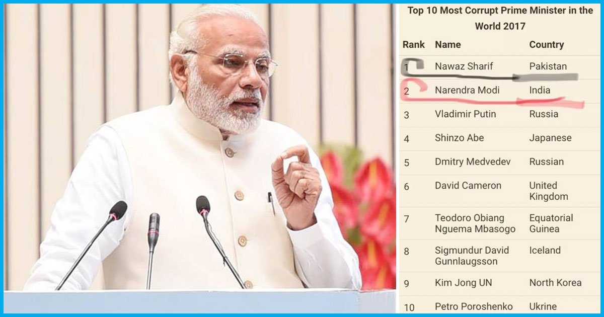 Fake News Claims Narendra Modi Is Second Most Corrupt Prime Minister In The World