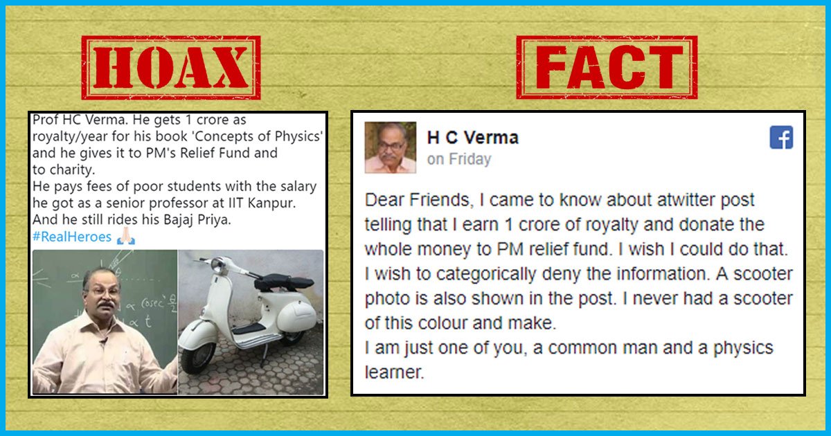 Physics Professor HC Verma Debunks A False Claim That He Donated Rs 1 Crore To PMs Relief Fund