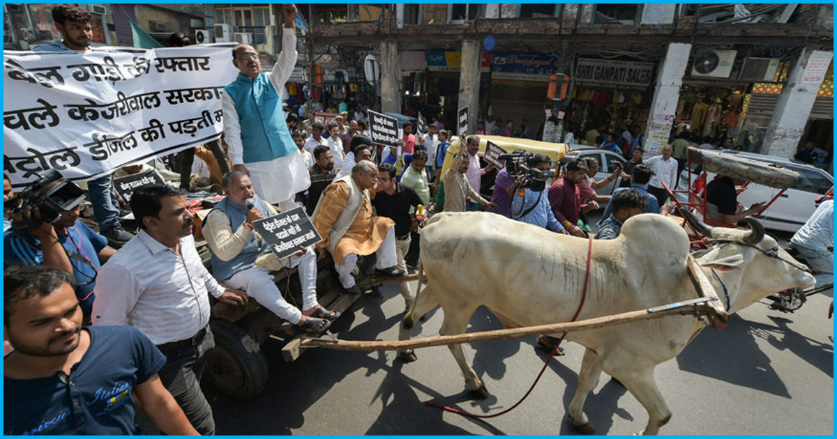 Union BJP Minister Takes A Bullock Cart Ride To Demand That Delhi Govt Cuts Fuel Prices