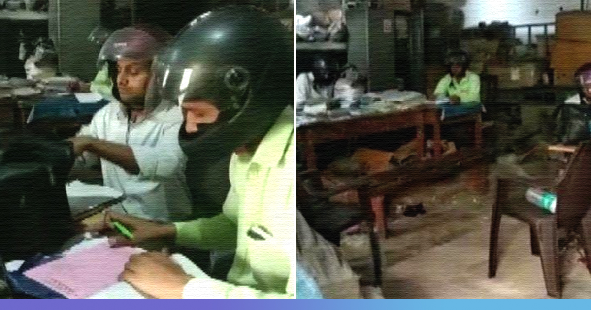 UP: Employees Wear Helmets To Work As Protection From Crumbling Ceiling At District Electricity Dept