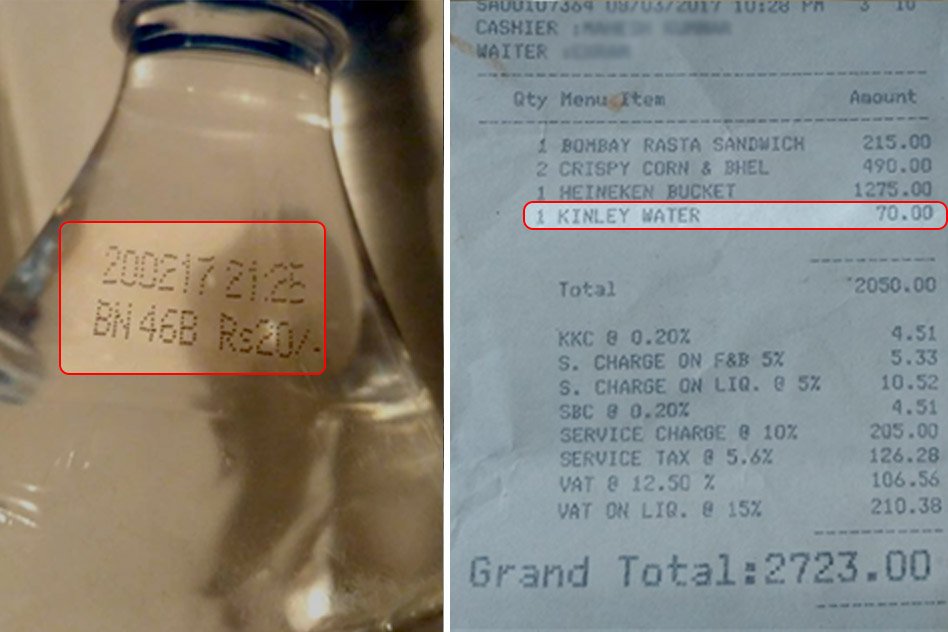 Voice Of Consumer: A Popular Restaurant In Gurugram Charged Rs 70 For A Bottle Of Water With MRP Rs 20