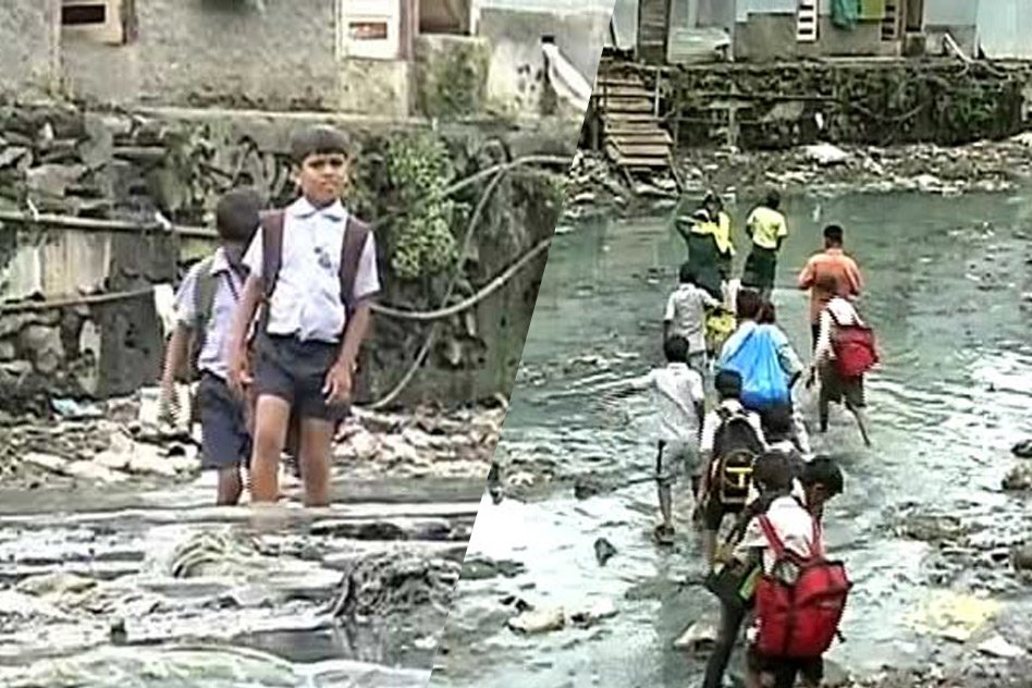 Mumbai Children Walk Through Deep Sewage To Reach Their School