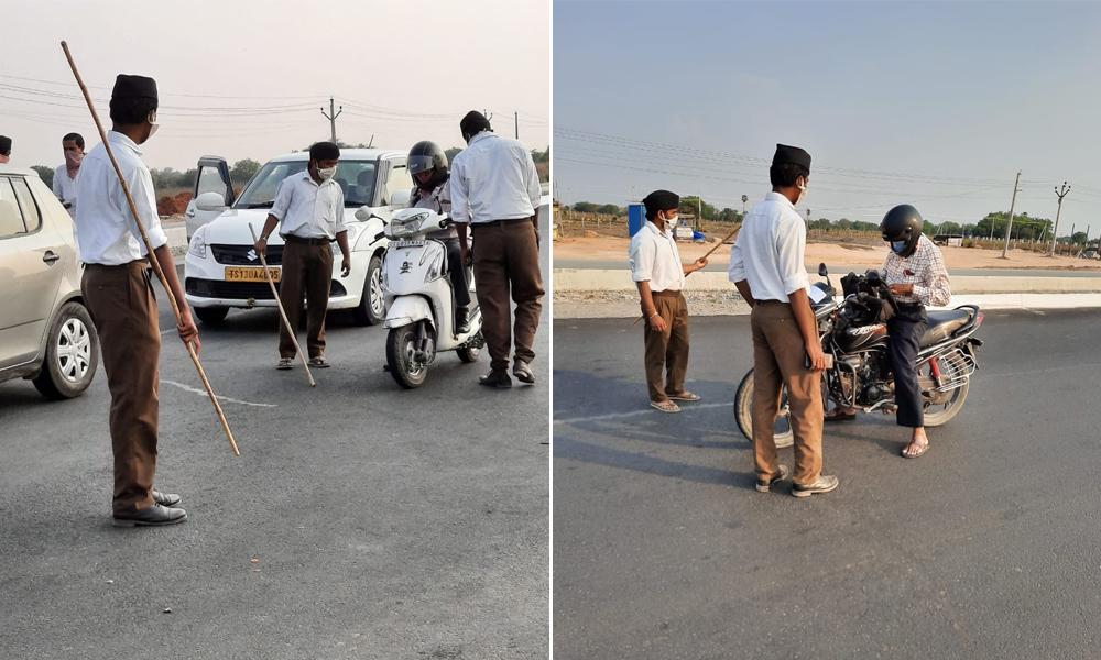 COVID-19 Lockdown: Images Of Lathi-Wielding RSS Members Manning Checkpoint in Telangana Triggers Outrage