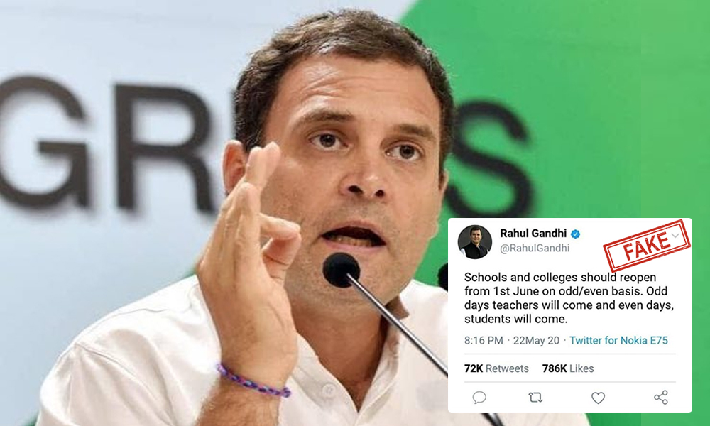 Fact Check: Fake Tweet Attributed To Rahul Gandhi States An Odd-Even Plan To Reopen Schools