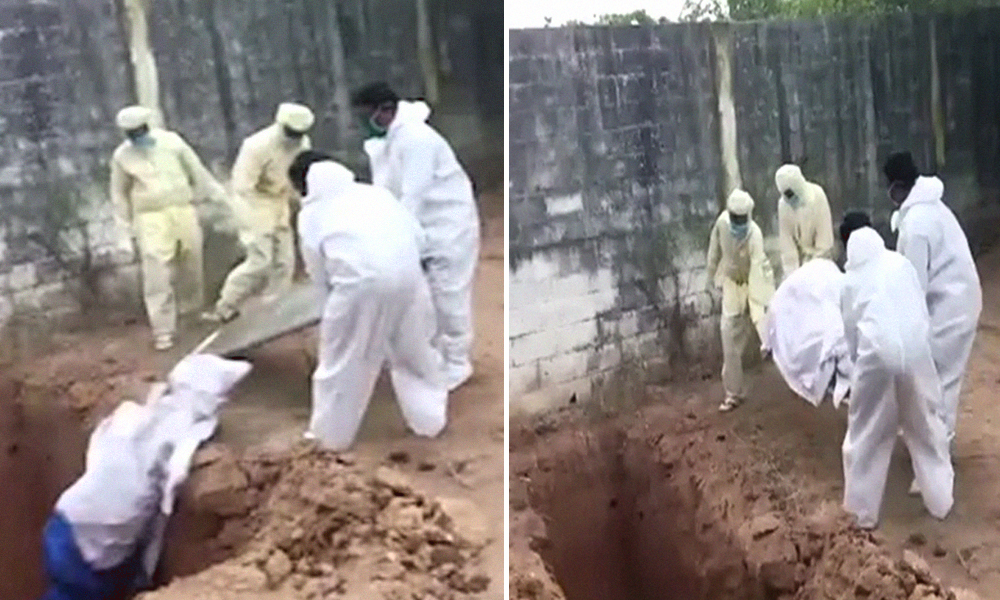 Health Workers Caught Tossing COVID-19 Patients Body Into Pit In Puducherry On Camera