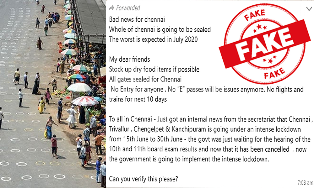 Fact Check: WhatsApp Forward Claims Full Lockdown To Be Implemented In Chennai