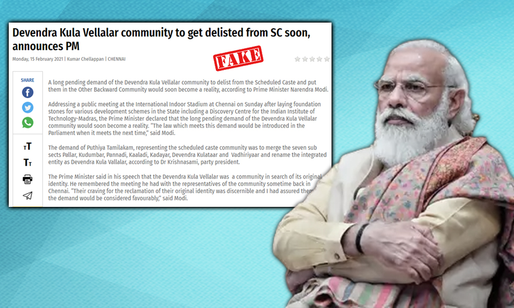 Fact Check: No, PM Modi Has Not Announced Removal Of SC Status Of Devendra Kula Vellalar Community