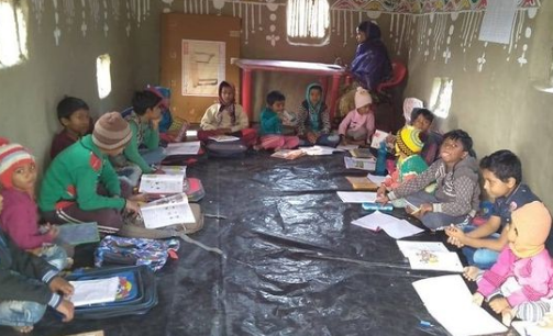 Children studying inside the school built with Goonj initiative.