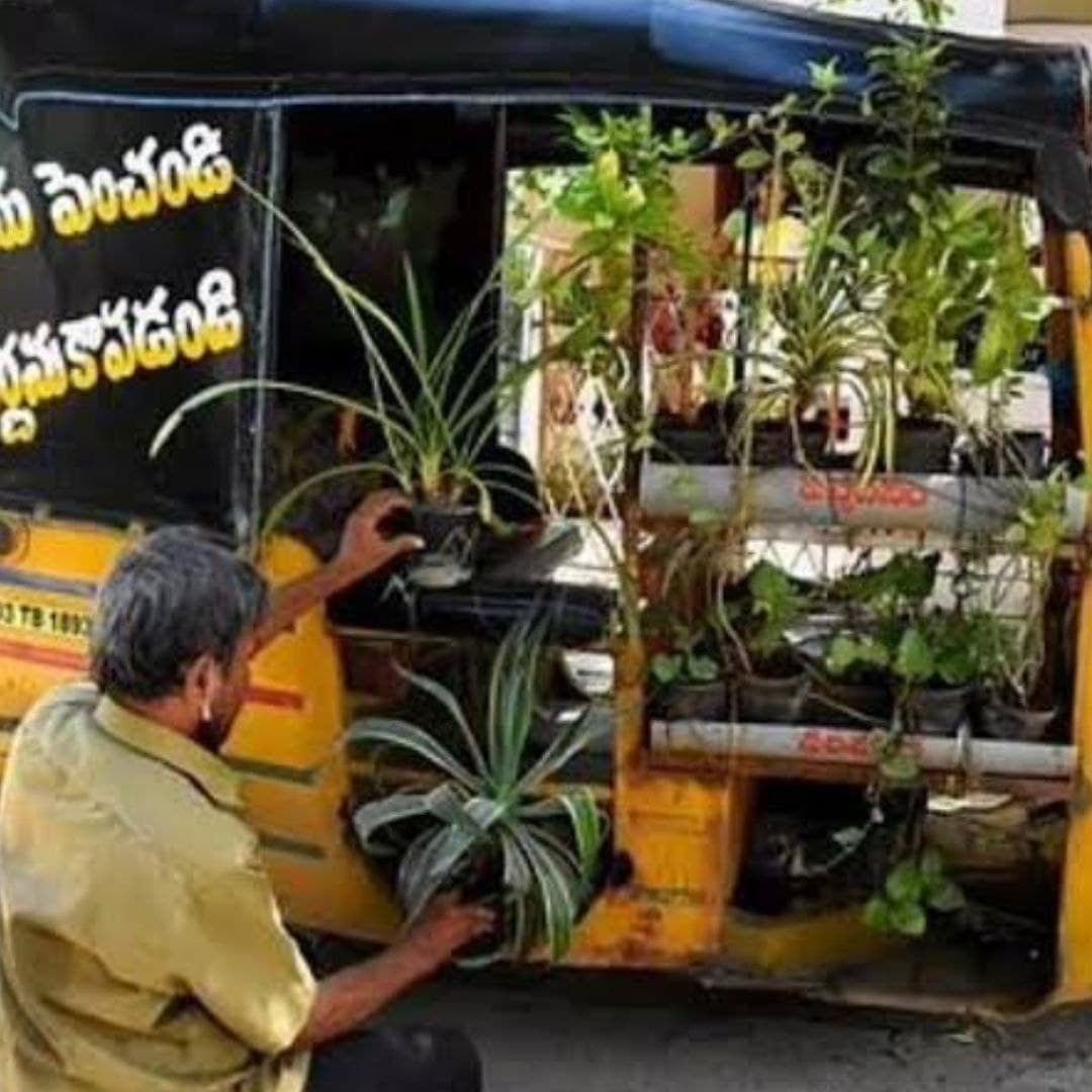 Auto Driver In Tirupati Keeps Plants In His Rickshaw To Promote Environmental Conservation