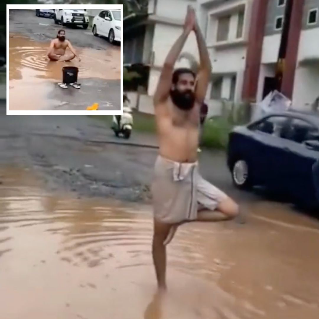 Bathing & Yoga Inside Potholes: Kerala Mans Unique Protest To Draw Attention Towards Dire Roads