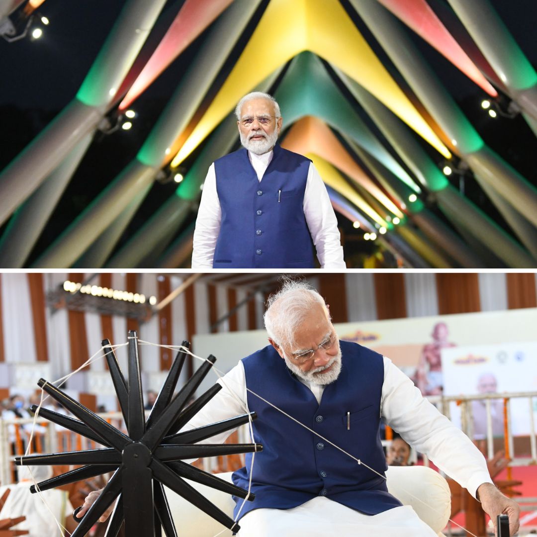 PM Modi Inaugurates Atal Bridge, Spins Charkha At Khadi Utsav Held At Sabarmati Riverfront In Gujarat