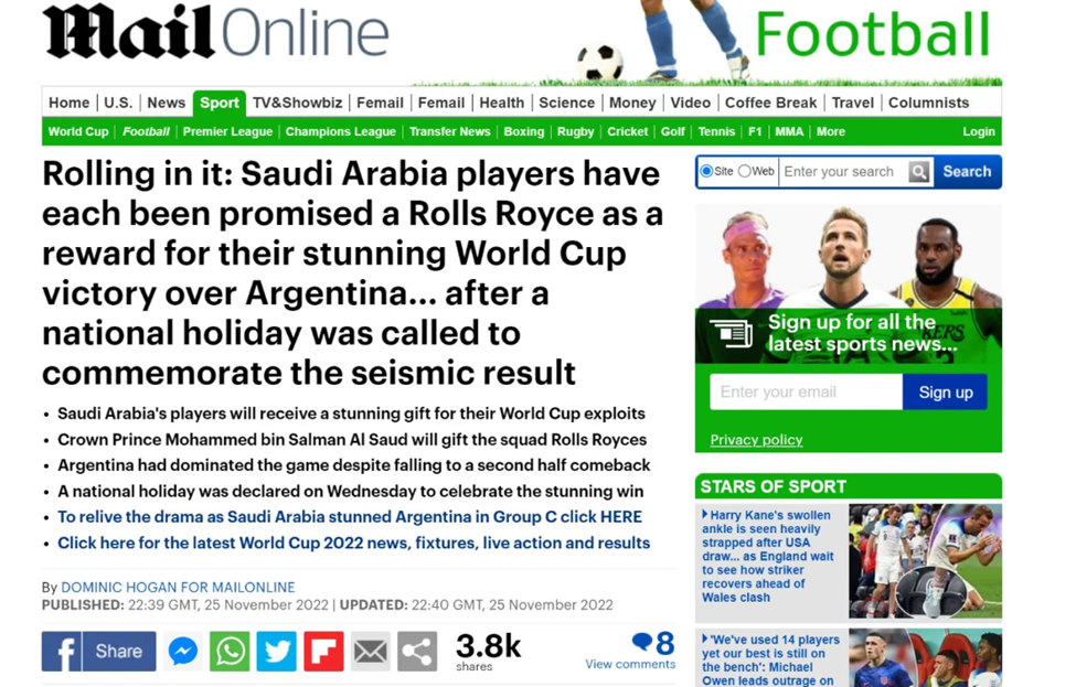 Front Office Sports on X: Saudi Arabia's players will each receive a Rolls  Royce Phantom for their World Cup upset win over Argentina — courtesy of  Saudi Prince Mohammed bin Salman.  /