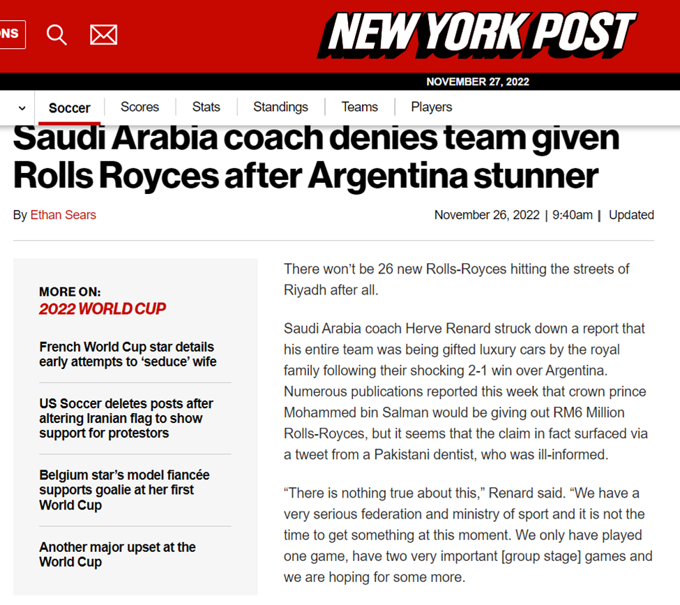 The Saudi Arabia head coach Herve Renard has denied claims that his entire  team was being gifted Rolls Royce by the country's royal family…