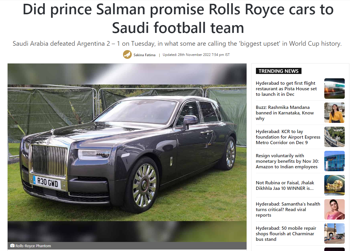 Is the prince gifting a Rolls to each Saudi Arabia World Cup player?
