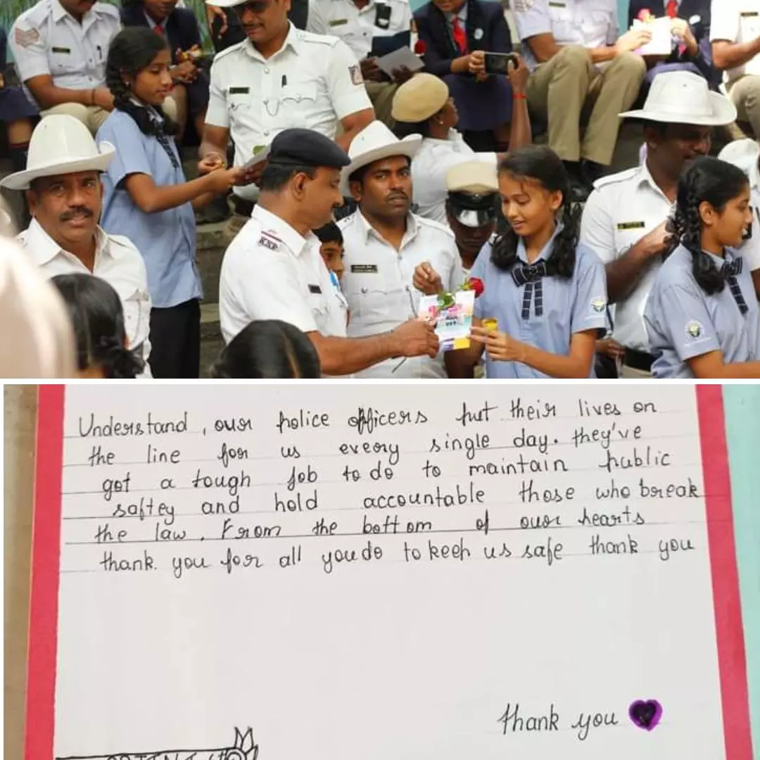 Celebrating Namma Police: Students Gather With Roses & Notes To Thank Bangalore Traffic Cops