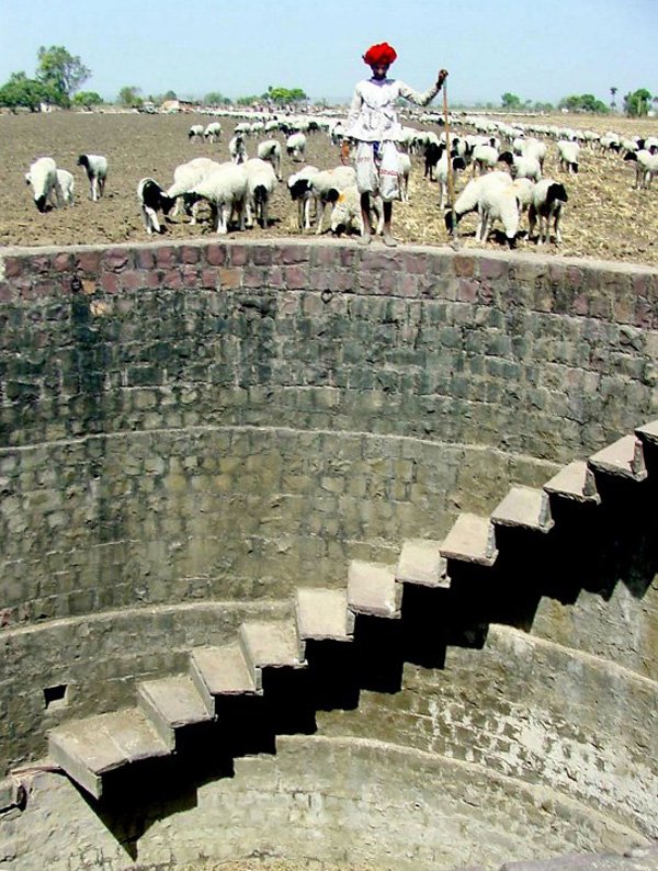 A Rajasthani shepherd stands topside of a dry well on the outskirts of Bhopal in the state of Madhya Pradesh, 08 June 2003. The shepherd in search for food and water arrived in Madhya Pradesh only to find conditions for stock just as bad as Rajasthan, with the state government declaring the 33 districts of the state drought affected.  AFP PHOTO