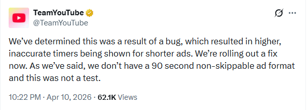 YouTube Says 90-Second Unskippable Ads Were A Bug As Users Reported Unusual Ad Durations On TVs